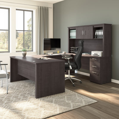 67" Elegant U-Shaped Desk in Charcoal Maple with Hutch