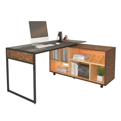 56" Checkerboard Oak L-Desk with Built-in Credenza