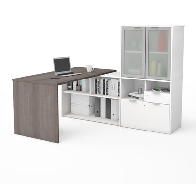 71" Bark Gray and White L-shaped Desk with Frosted Hutch