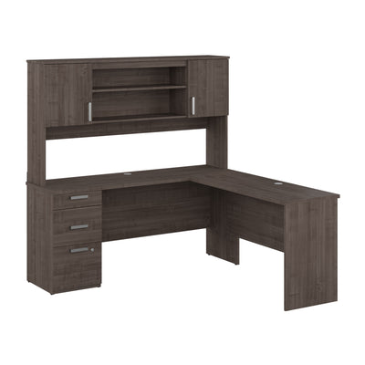 65" L-Shaped Desk in Gray Maple with Hutch