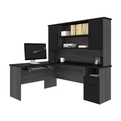 Bark Gray & Black Modern L-shaped Desk with Hutch