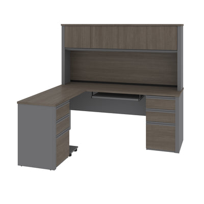 Premium L-shaped Desk with Hutch in Bark Gray and Slate