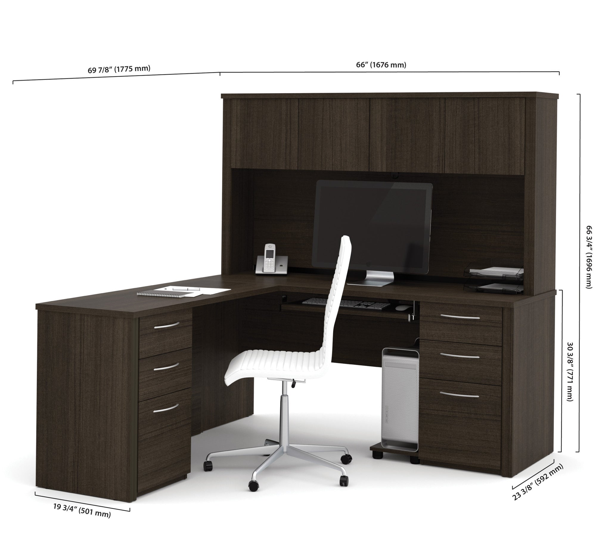 66" Premium L-shaped Desk with Hutch in Dark Chocolate