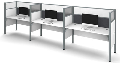 White Triple Workstation with 55" Privacy Panel & Gray Tack Board