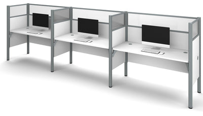 Premium White Three-Desk Workstation with 55" Privacy Panels