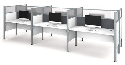 White Six-Desk Workstation with 55" Privacy Panel & Gray Tack Board