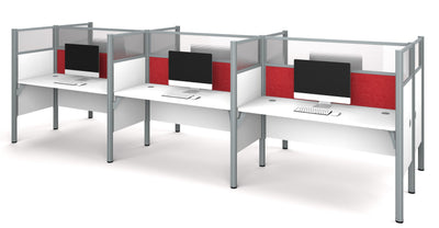 White Six-Desk Workstation with 55" Privacy Panel & Red Tack Board
