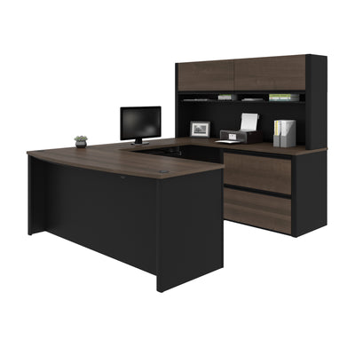 Antigua and Black U-shaped Desk with Hutch and Oversized File Drawers