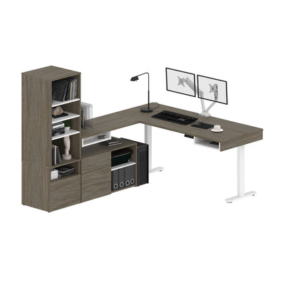 Set of Two 88" L-Shaped Adjustable Walnut Gray Desks with Twin Monitor Arms