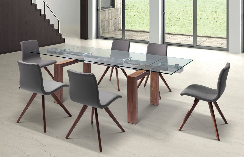 Modern Glass Conference Table with Walnut Legs (Extends from 63" W to 98" W)