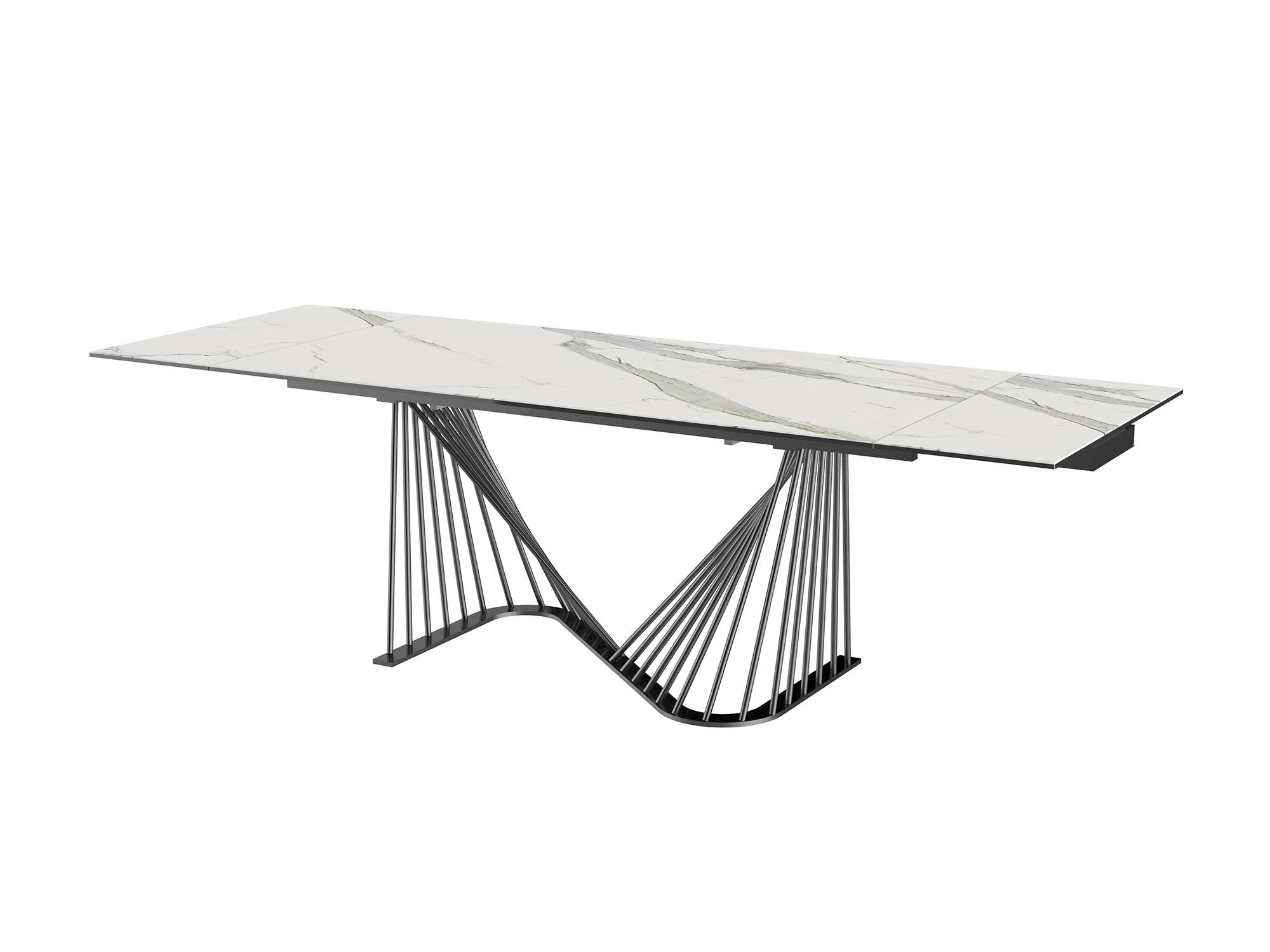 72" White Ceramic Glass Table with Black Metal Base (Extends to 102")