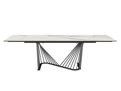 72" White Ceramic Glass Table with Black Metal Base (Extends to 102")