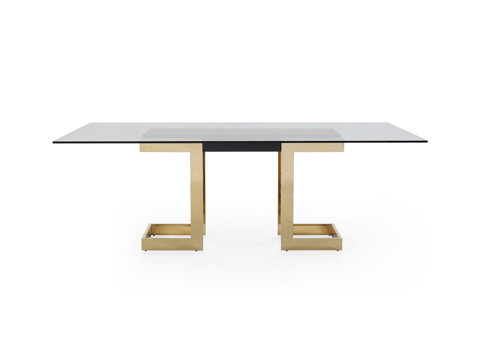 87" Glass Desk or Conference Table with Black Lacquer & Gold Stainless Base