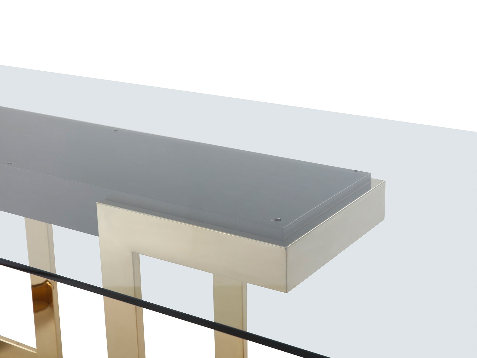 87" Glass Desk or Conference Table with Black Lacquer & Gold Stainless Base