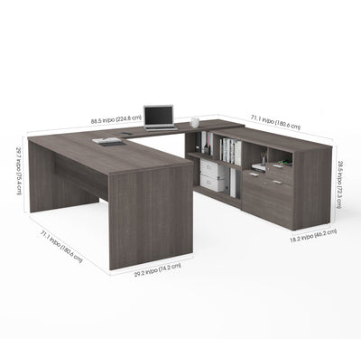 Modern U-Shaped Office Desk in Bark Gray with Credenza