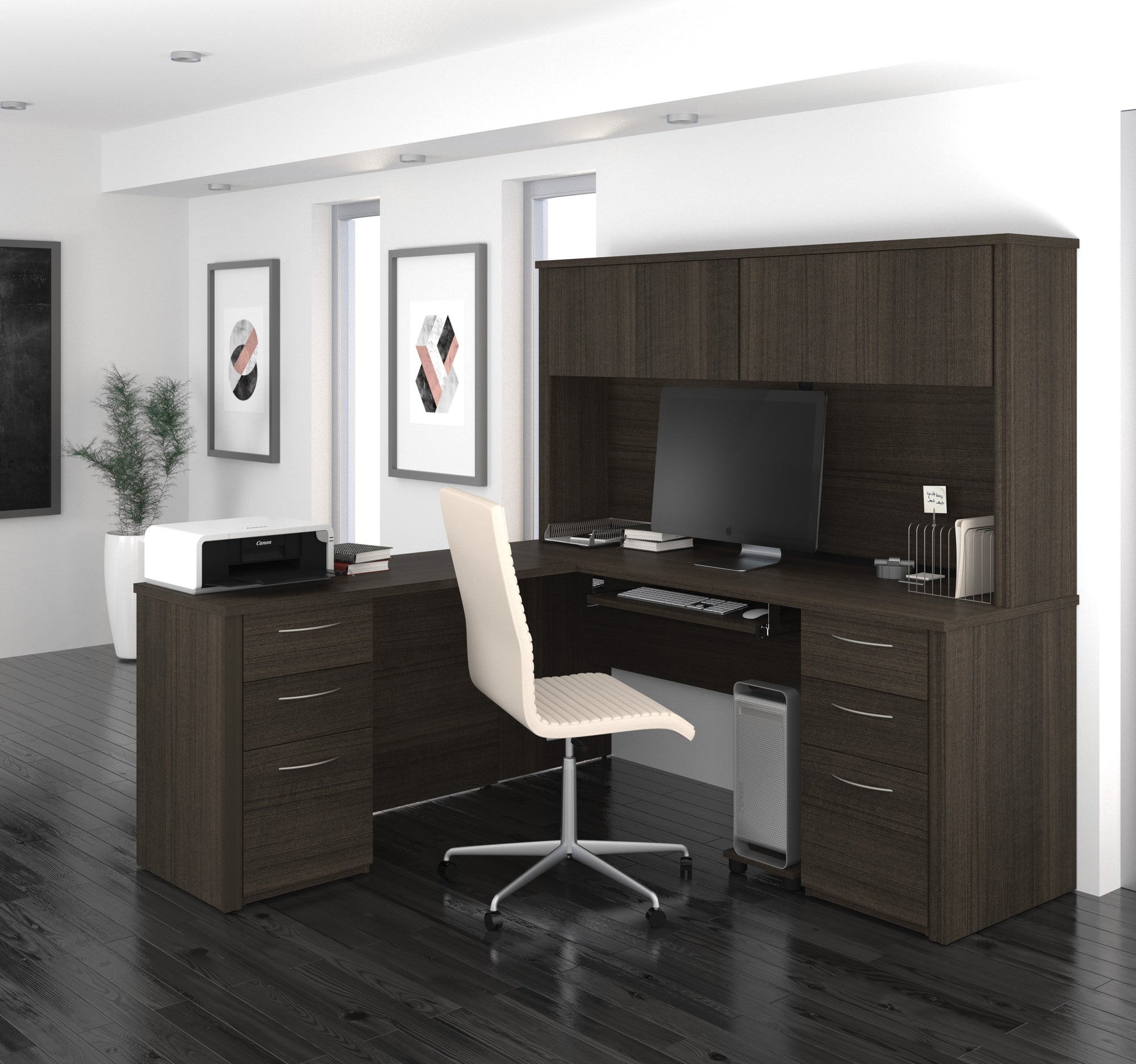 White 71 x 71 L-Shaped Office Desk with Hutch