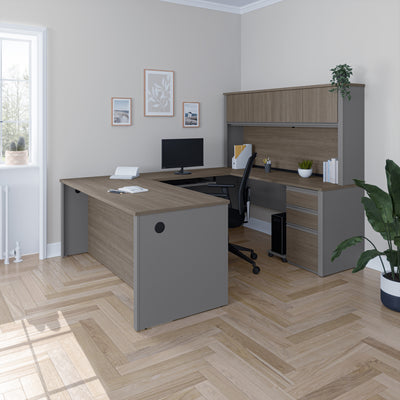 U-shaped Desk with Hutch in Bark Gray and Slate