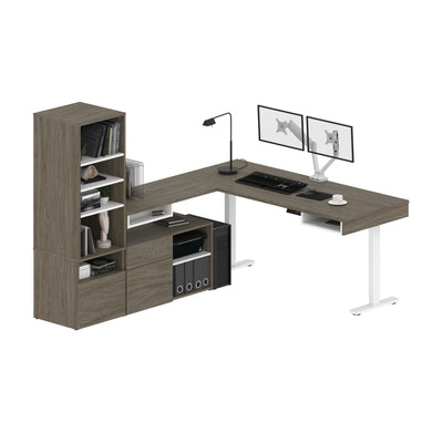 88" L-Shaped Modern Adjustable Walnut Gray Desk with Twin Monitor Arms
