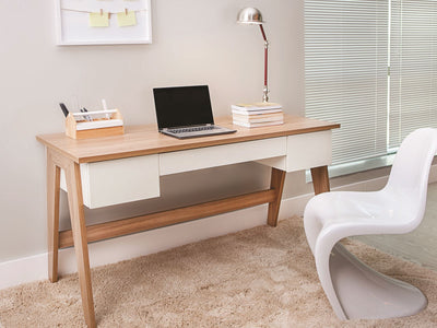 59" White & Oak Modern Executive Desk with Trestle Legs