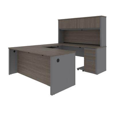 U-shaped Desk with Hutch in Bark Gray and Slate