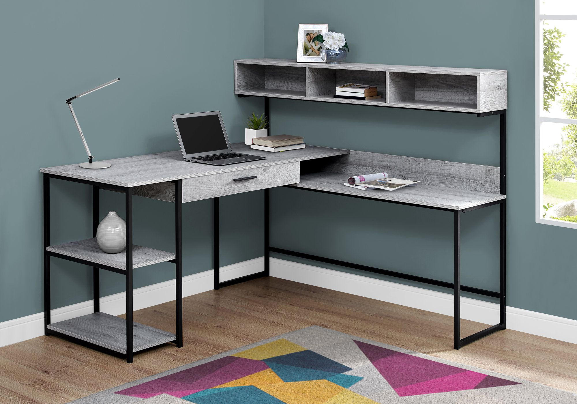 59" L-Shaped Corner Desk in Gray & Black Metal