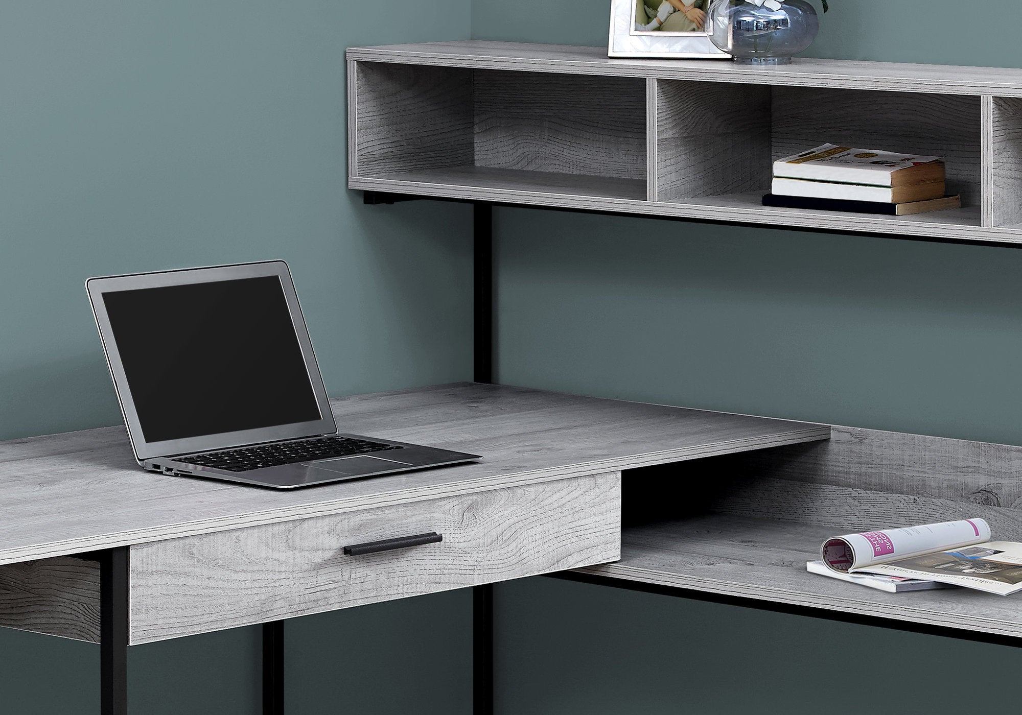 59" L-Shaped Corner Desk in Gray & Black Metal