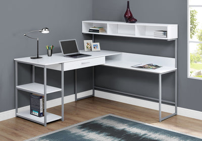 59" L-Shaped Corner Desk in White & Silver Metal