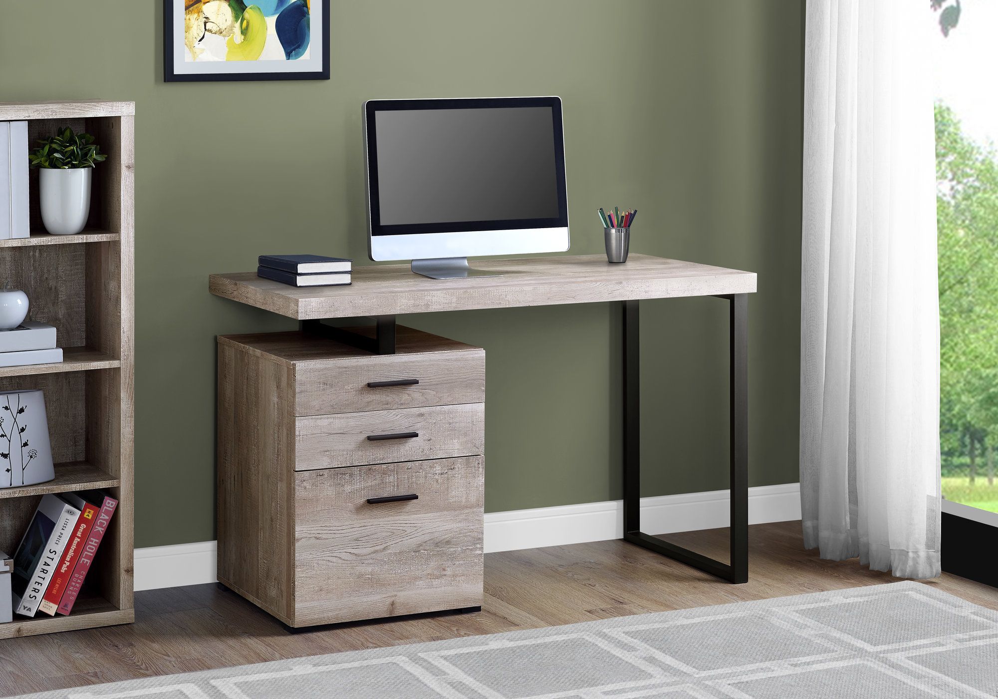 48" Taupe Woodgrain & Black Metal Compact Computer Desk