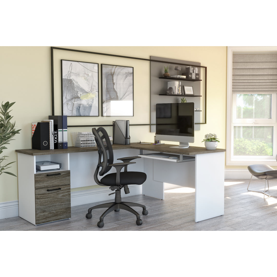 White & Walnut Gray Modern L-shaped Desk