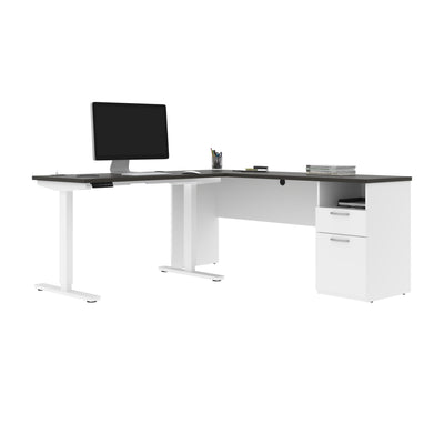 71" Adjustable L-Desk with Filing Area in Deep Gray & White