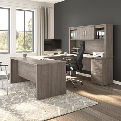 67" Elegant U-Shaped Desk in Silver Maple with Hutch