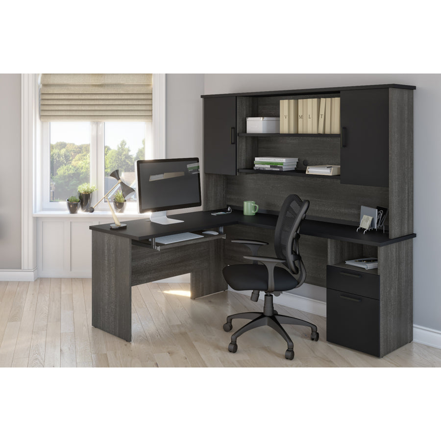 Bark Gray & Black Modern L-shaped Desk with Hutch