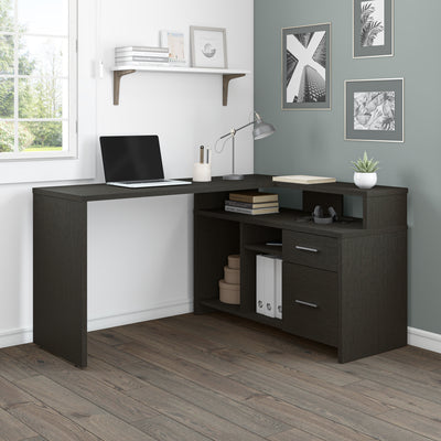 56" X 44" Unique Petite Corner Desk with Credenza in Deep Gray