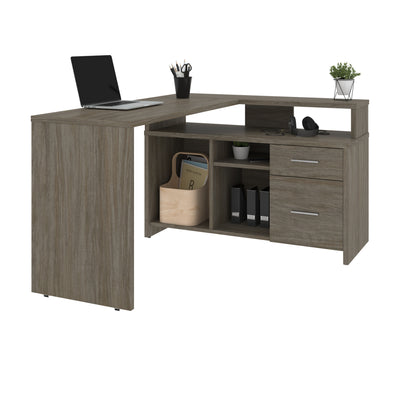 56" X 44" Unique Petite Corner Desk with Credenza in Walnut Gray