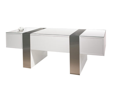 White Lacquer and Faux Brushed Aluminum Executive Desk