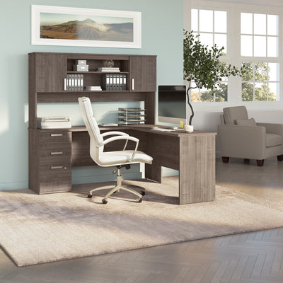 65" L-Shaped Desk in Gray Maple with Hutch