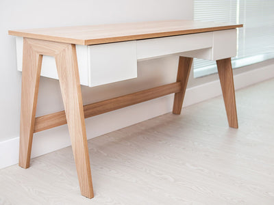 59" White & Oak Modern Executive Desk with Trestle Legs