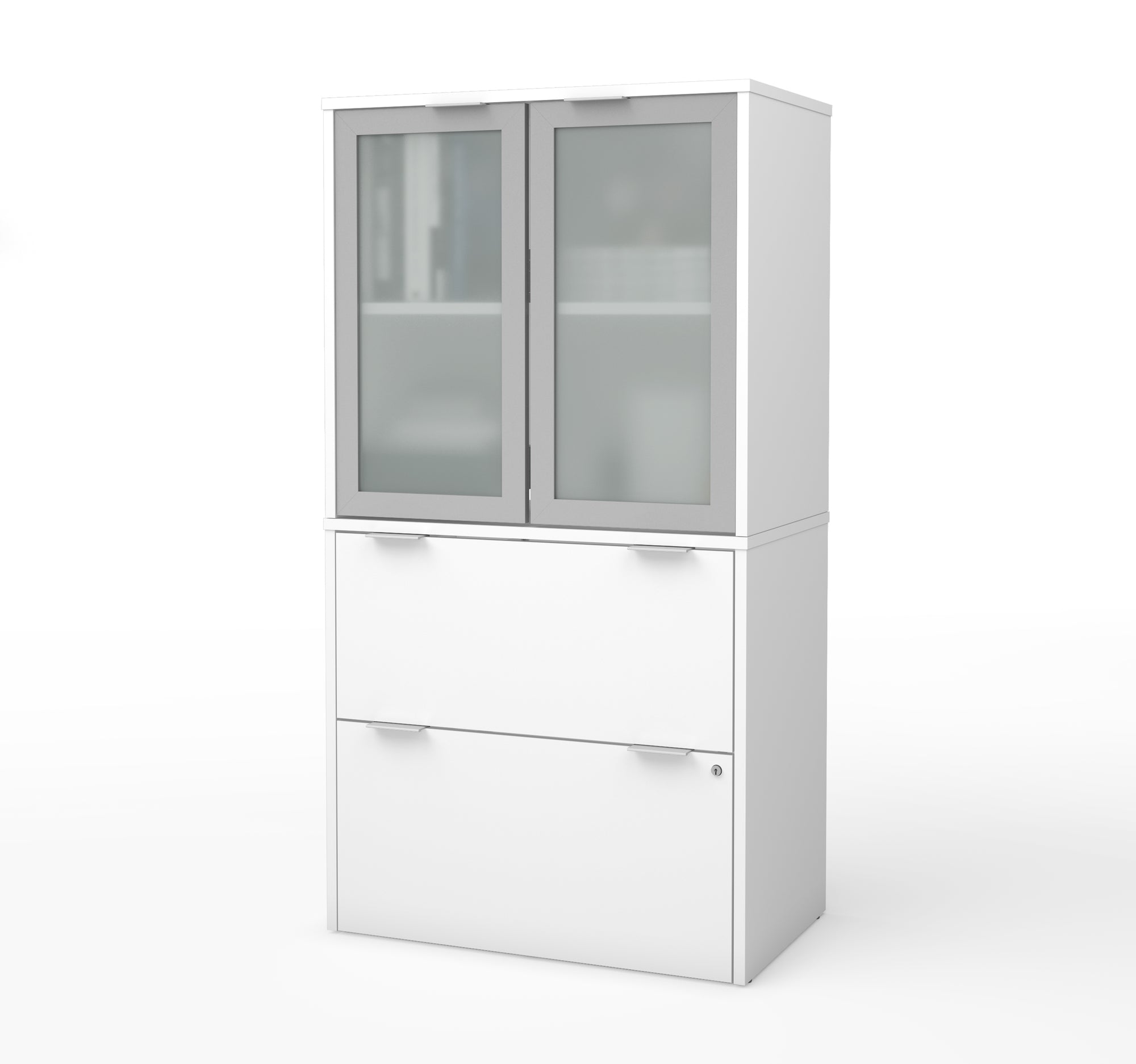 Premium White File Cabinet & Storage Hutch with Frosted Glass Doors