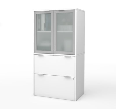 Premium White File Cabinet & Storage Hutch with Frosted Glass Doors