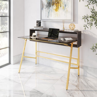 47" Glass and Gold Desk with Raised Shelf