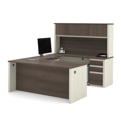 U-shaped Desk with Hutch in White Chocolate & Antigua