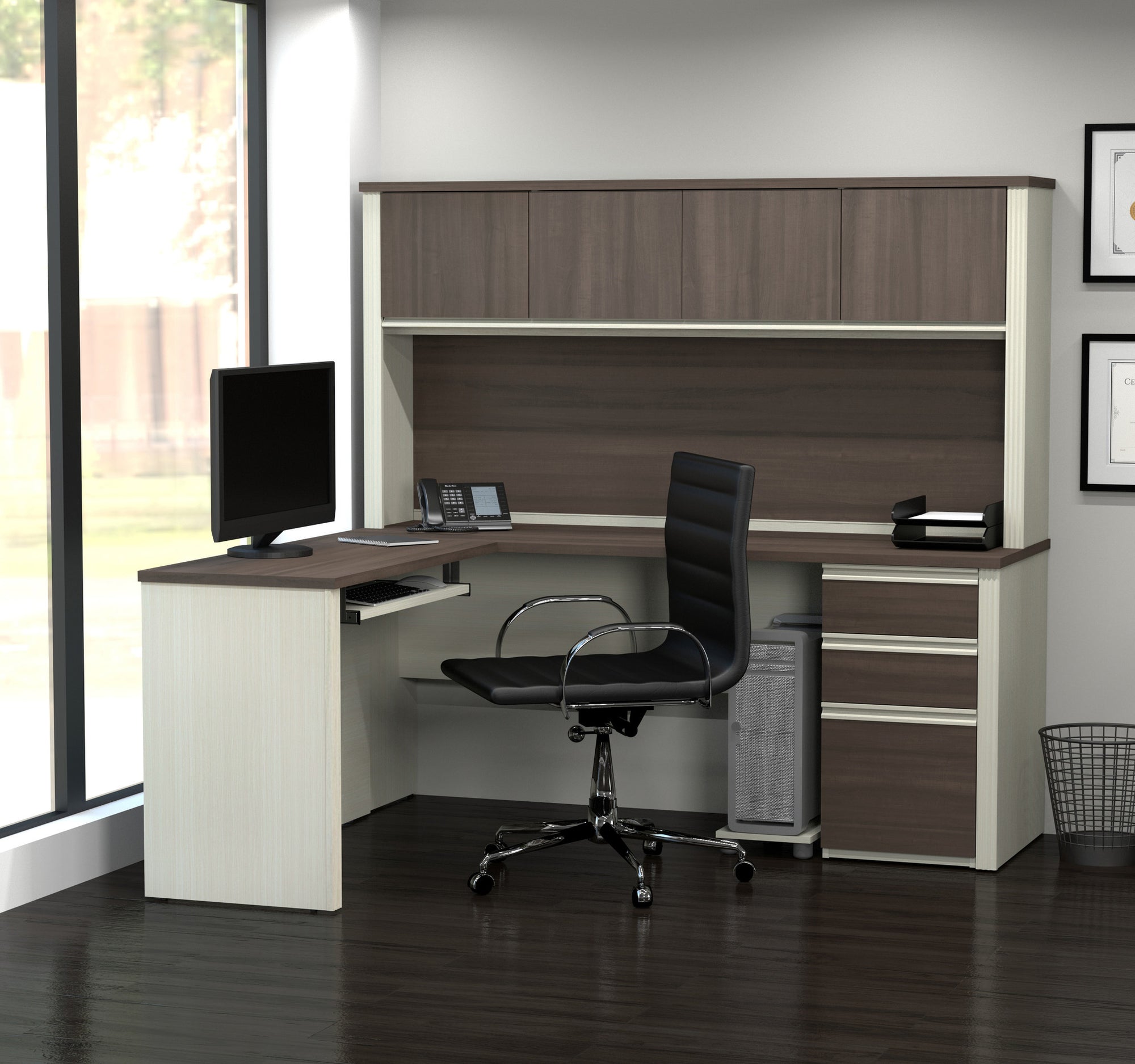 L-shaped Desk with Hutch in Modern White Chocolate & Antigua