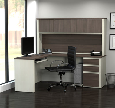 L-shaped Desk with Hutch in Modern White Chocolate & Antigua