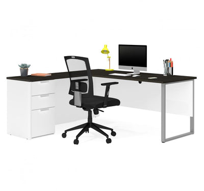 71" x 69" Single Pedestal L-shaped Desk in White & Deep Gray