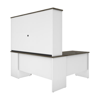 White & Walnut Gray Modern L-shaped Desk with Hutch