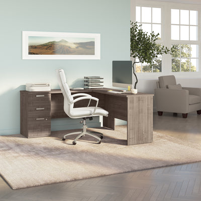 65" L-Shaped Desk in Gray Maple with File Cabinet