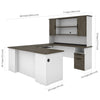 White & Walnut Gray Modern U-shaped Desk with Hutch