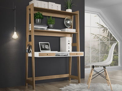 49" Ladder Desk with Three Tiers in Oak & White