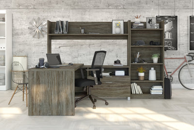 101" Open-Top L-Desk in Walnut Gray with Integrated Bookcase/Hutch