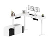 71" Programmable Desk in White and Black with Dual Monitor Arms and Credenza
